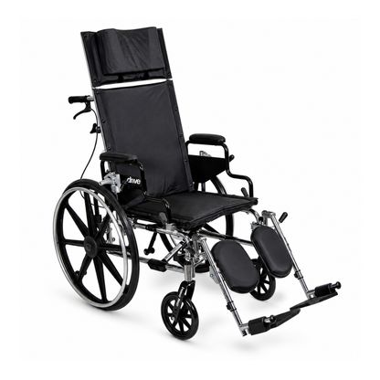 The Drive Viper Plus Reclining Wheelchair - 180° Recline & Adjustable Seat Depth is a black manual wheelchair with large rear wheels, small front wheels, high backrest, padded headrest, armrests, and elevated leg supports on a white background.
