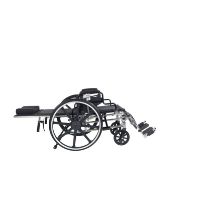 A black Drive Viper Plus Reclining Wheelchair - 180° Recline & Adjustable Seat Depth with elevated leg rests is shown fully reclined to a flat, bed-like position against a white background.