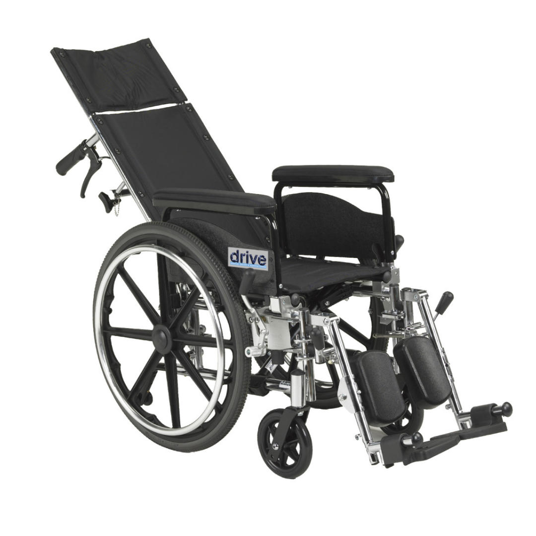 The Drive Viper Plus Reclining Wheelchair features a 180° reclining backrest, adjustable seat depth, elevated leg rests, large rear wheels, small front wheels, padded armrests, and the Drive logo on the side.