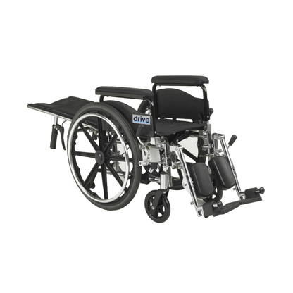 A Drive Viper Plus Reclining Wheelchair—180° recline, adjustable seat depth, black and chrome finish, large rear wheels, elevated leg rests—offers premium comfort and support. Shown on a white background.