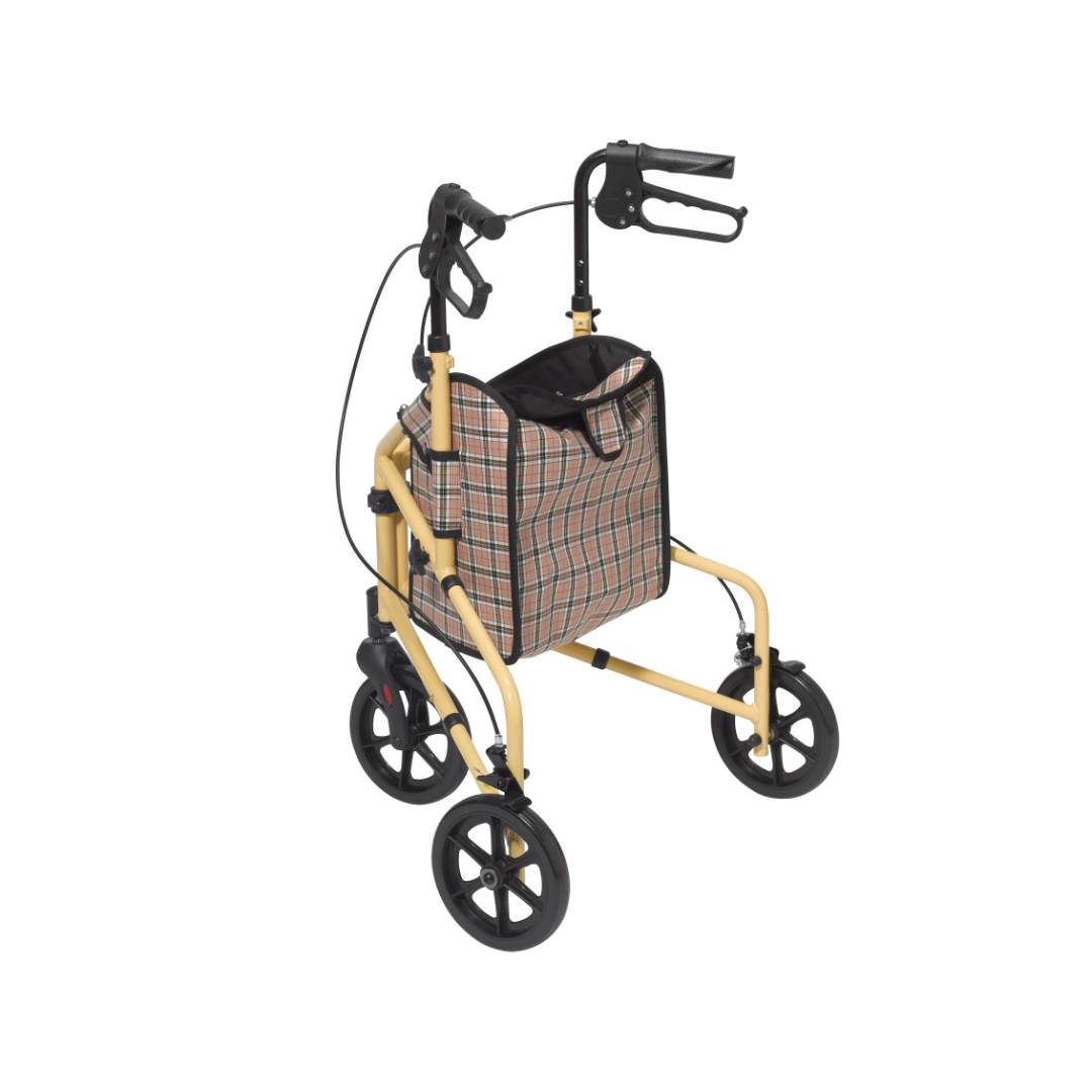 The Drive Winnie Lite Supreme/Go Lite 3 Wheel Aluminum Rollator is a yellow folding walker with four black wheels, an aluminum loop-lock brake system, and a plaid-patterned storage bag attached to the front.