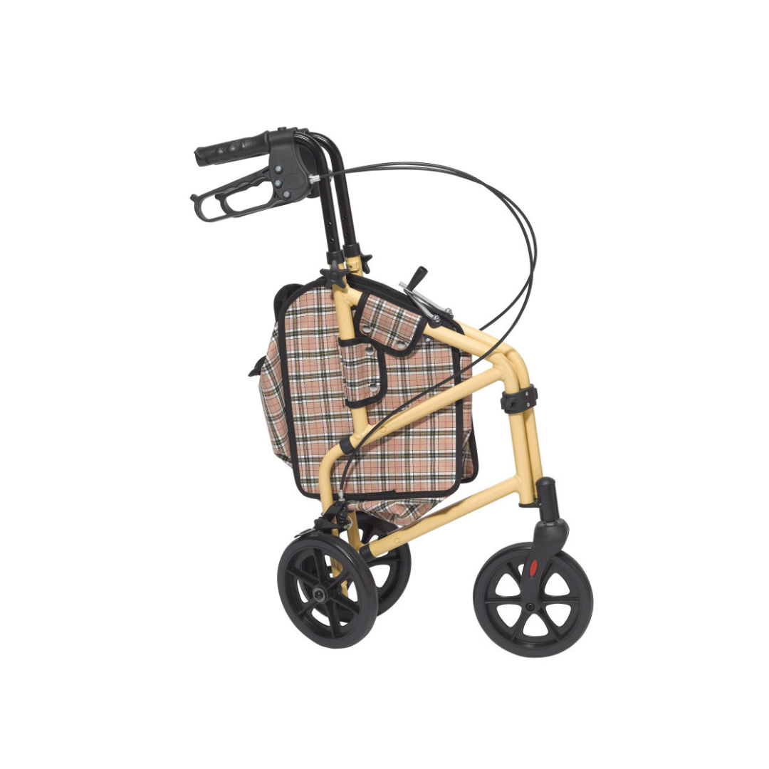 The Drive Winnie Lite Supreme/Go Lite 3 Wheel Aluminum Rollator is a folded, lightweight walker with large black wheels, an aluminum loop-lock brake system, and a plaid fabric seat and storage bag, shown against a white background.