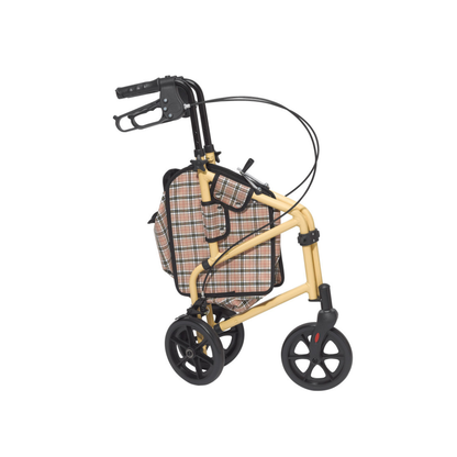 The Drive Winnie Lite Supreme/Go Lite 3 Wheel Aluminum Rollator is a folded, lightweight walker with large black wheels, an aluminum loop-lock brake system, and a plaid fabric seat and storage bag, shown against a white background.