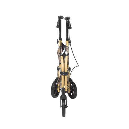 A front view of the Drive Winnie Lite Supreme/Go Lite 3 Wheel Aluminum Rollator, folded in beige and black with three visible wheels and an aluminum loop-lock braking system, standing upright on a white background.
