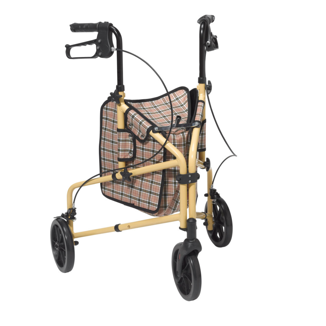 The Drive Winnie Lite Supreme/Go Lite 3 Wheel Aluminum Rollator features a lightweight, foldable yellow frame, three black wheels, an aluminum loop-lock brake system, and a plaid fabric storage bag on the front.