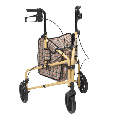 The Drive Winnie Lite Supreme/Go Lite 3 Wheel Aluminum Rollator features a lightweight, foldable yellow frame, three black wheels, an aluminum loop-lock brake system, and a plaid fabric storage bag on the front.
