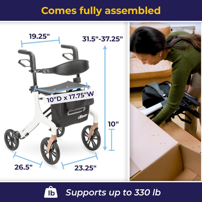 The Drive AeroWalk Ultra-Lite Rollator, shown from front and side with labeled dimensions beside a woman unpacking it, comes fully assembled and supports up to 330 lb for convenient mobility support.