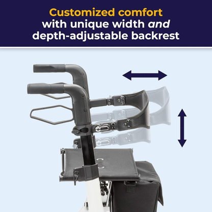 Side view of the Drive AeroWalk Ultra-Lite Rollator with adjustable backrest width and depth (shown by double-headed arrows), text above reads: Customized comfort with unique width/depth-adjustable backrest for optimal mobility support.