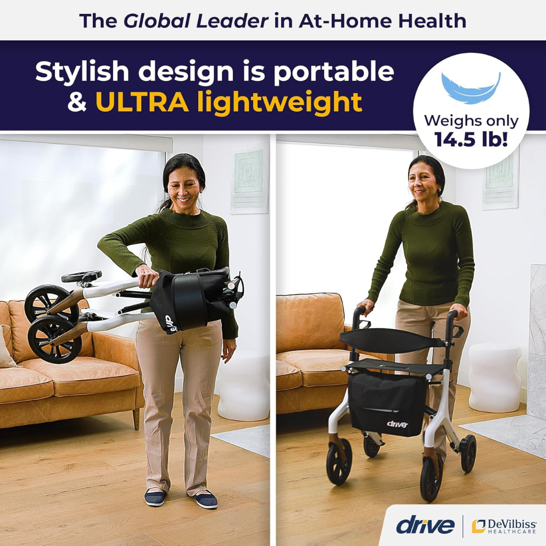 A woman is shown holding the folded Drive AeroWalk Ultra-Lite Rollator and pushing it open. Text highlights its stylish, portable design, adjustable features, and ultra-light 14.5 lb weight.