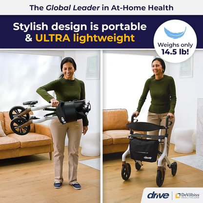 A woman is shown holding the folded Drive AeroWalk Ultra-Lite Rollator and pushing it open. Text highlights its stylish, portable design, adjustable features, and ultra-light 14.5 lb weight.