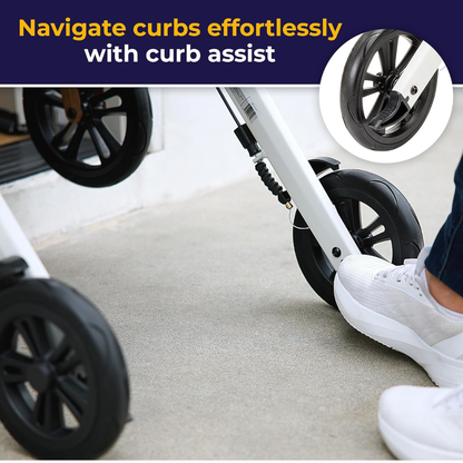 Wearing white sneakers, a person uses their foot to press the Drive AeroWalk Ultra-Lite Rollator’s curb assist, helping its black wheels smoothly clear a curb. Text reads: Navigate curbs effortlessly with curb assist.