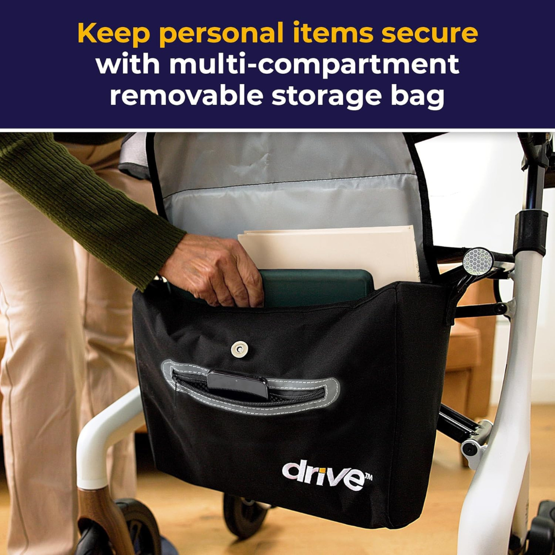 Keep personal items secure with the Drive AeroWalk Ultra-Lite Rollator, featuring a black multi-compartment removable storage bag for your tablet and more.