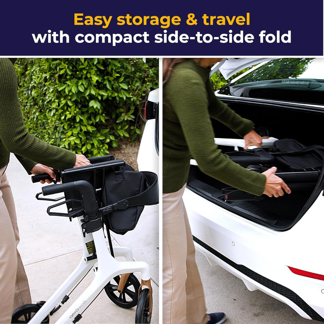 A person folds the Drive AeroWalk Ultra-Lite Rollator and puts it in a white car’s trunk. Text above: “Easy storage & travel with compact side-to-side fold.”.