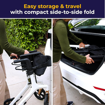 A person folds the Drive AeroWalk Ultra-Lite Rollator and puts it in a white car’s trunk. Text above: “Easy storage & travel with compact side-to-side fold.”.