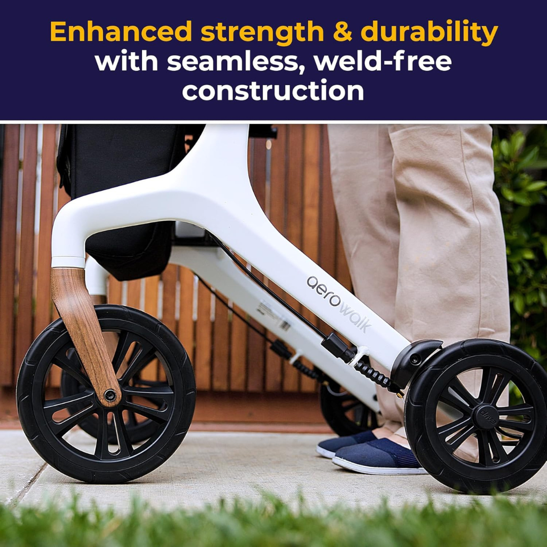 Close-up of a person beside the Drive AeroWalk Ultra-Lite Rollator, highlighting its sturdy wheels and seamless, weld-free frame. Text above reads: Enhanced strength and durability with seamless, weld-free construction.