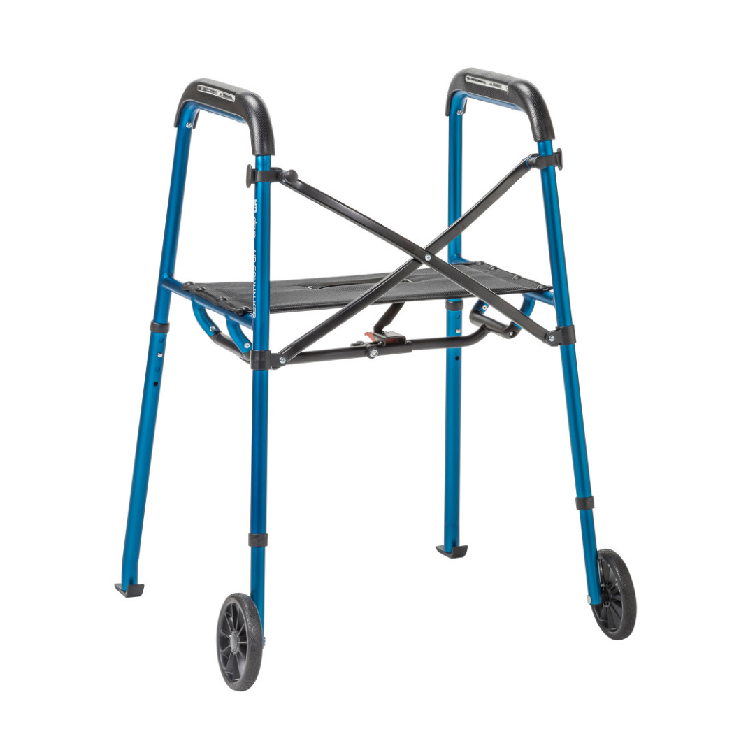 The Drive Air-Go Walker with Airgonomic™ Hand Comfort & Seat is a lightweight, blue folding walker featuring two front wheels, black cushioned hand grips, a seat, and cross-bracing for dependable everyday mobility assistance.
