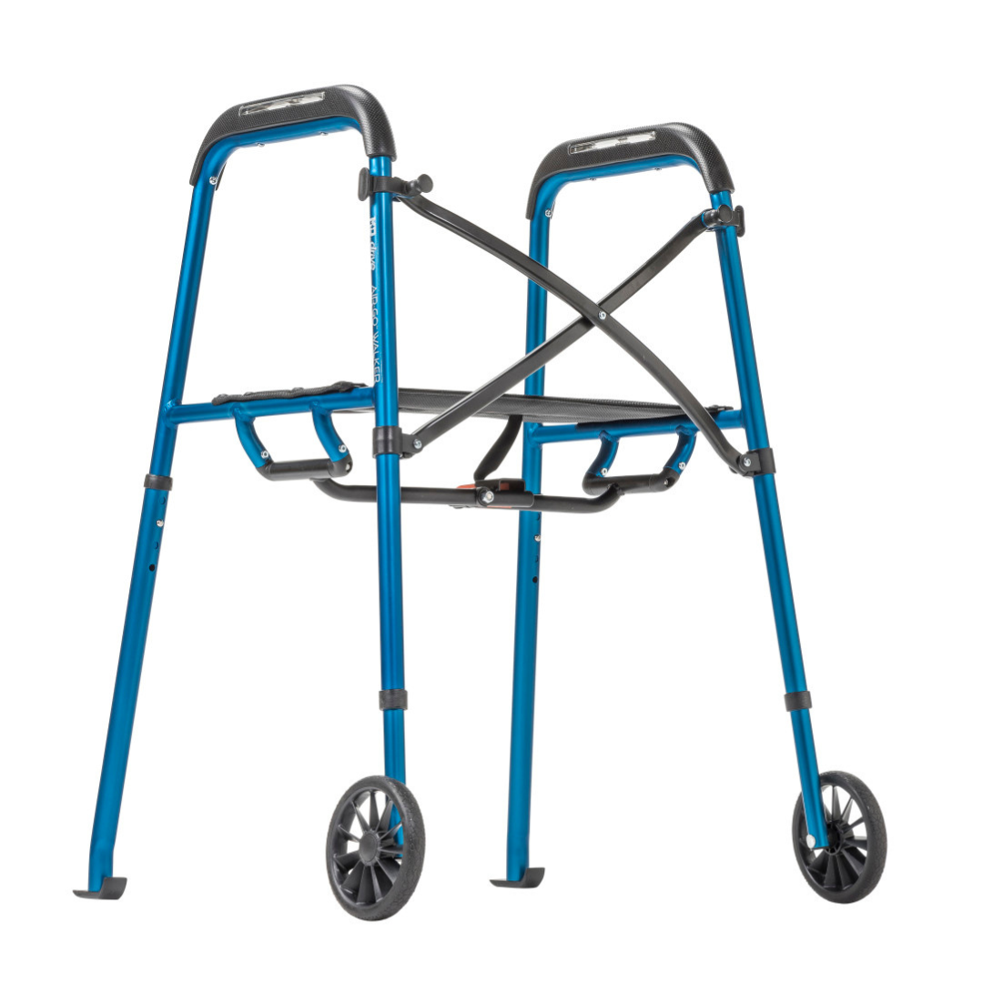 The Drive Air-Go Walker with Airgonomic™ Hand Comfort & Seat is a lightweight, blue folding walker with two front wheels, offering reliable and convenient mobility support for users.