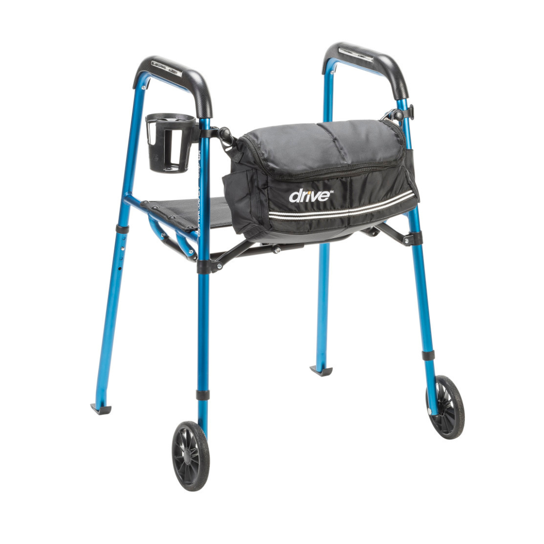 The Drive Air-Go Walker with Airgonomic™ Hand Comfort & Seat is a blue folding rollator with two front wheels, cushioned grips, a black drive storage pouch, and an attached cup holder—offering comfort and convenience.