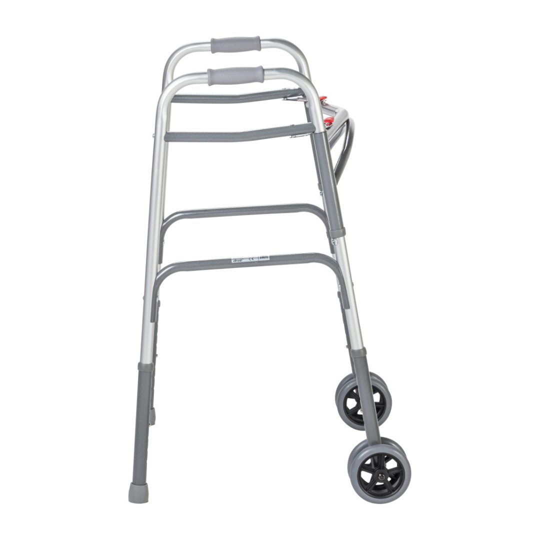 The Drive Bariatric Aluminum Two Button Folding Walker is a lightweight silver walker with two front wheels, rear rubber-tipped legs, padded handles, and a folding frame for easy storage and transport.