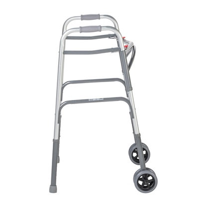 The Drive Bariatric Aluminum Two Button Folding Walker is a lightweight silver walker with two front wheels, rear rubber-tipped legs, padded handles, and a folding frame for easy storage and transport.