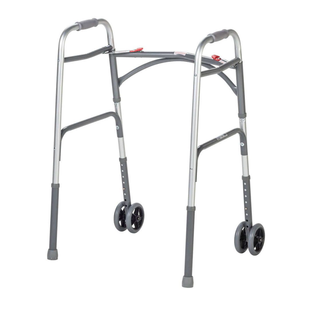 The Drive Bariatric Aluminum Two Button Folding Walker is a silver, height-adjustable mobility aid with two front wheels, black handgrips, and rubber-tipped rear legs for bariatric users.