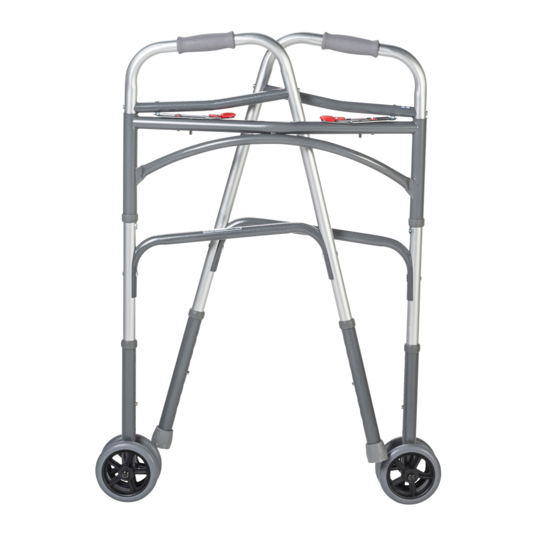 The Drive Bariatric Aluminum Two Button Folding Walker is a lightweight, foldable walker with two front wheels, rear legs without wheels, and gray handles for mobility assistance.