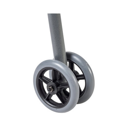 Close-up of two gray plastic wheels with black spokes attached to the frame of the Drive Bariatric Aluminum Two Button Folding Walker, designed for enhanced support and durability, set against a white background.