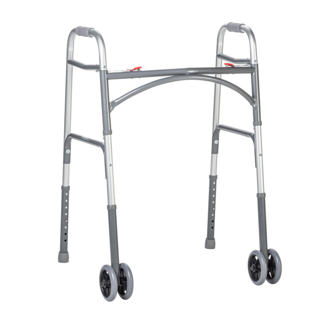 The Drive Bariatric Aluminum Two Button Folding Walker is a lightweight, silver walker featuring two front wheels, rubber hand grips, and adjustable legs to assist with mobility.