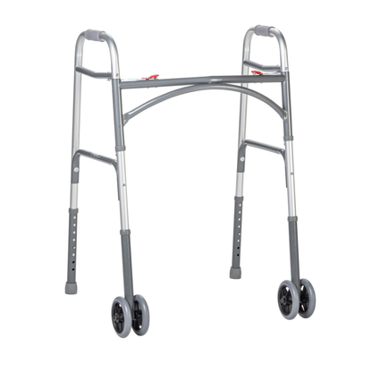 The Drive Bariatric Aluminum Two Button Folding Walker is a lightweight, silver walker featuring two front wheels, rubber hand grips, and adjustable legs to assist with mobility.