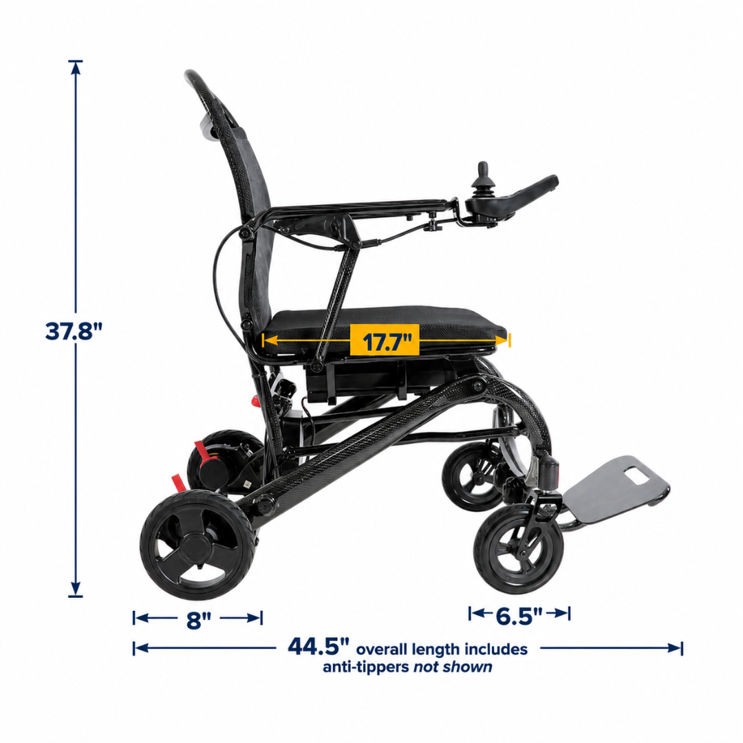 Side view of the black Drive CarbonTouch Power Wheelchair with footrest, labeled with dimensions: height 37.8″, seat width 17.7″, overall length 44.5″, width 8″ at the back wheels, and width 6.5″ at the front wheels.