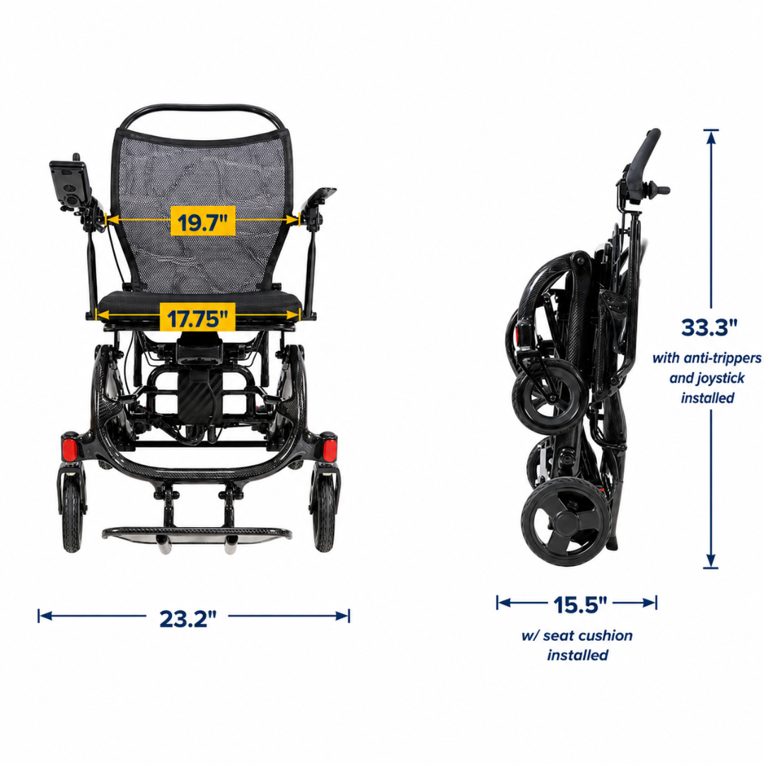 Front and side views of the Drive CarbonTouch Power Wheelchair are shown with seat width labeled 19.7″, seat depth 17.75″, overall width 23.2″, folded height 33.3″, and folded depth 15.5″. Anti-tippers and a joystick are installed, emphasizing the streamlined design of this lightweight power wheelchair from Drive CarbonTouch.