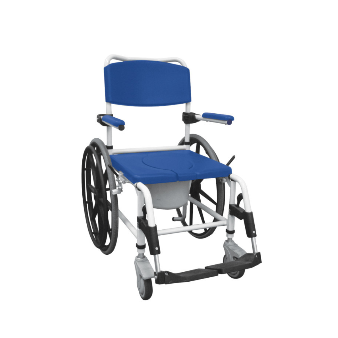 The Drive Medical 3-in-1 Rolling Shower Chair Commode is a blue and white wheelchair with armrests, footrests, a built-in commode seat, and large rear wheels for easy mobility. It’s ideal for use as a bedside commode or shower chair.