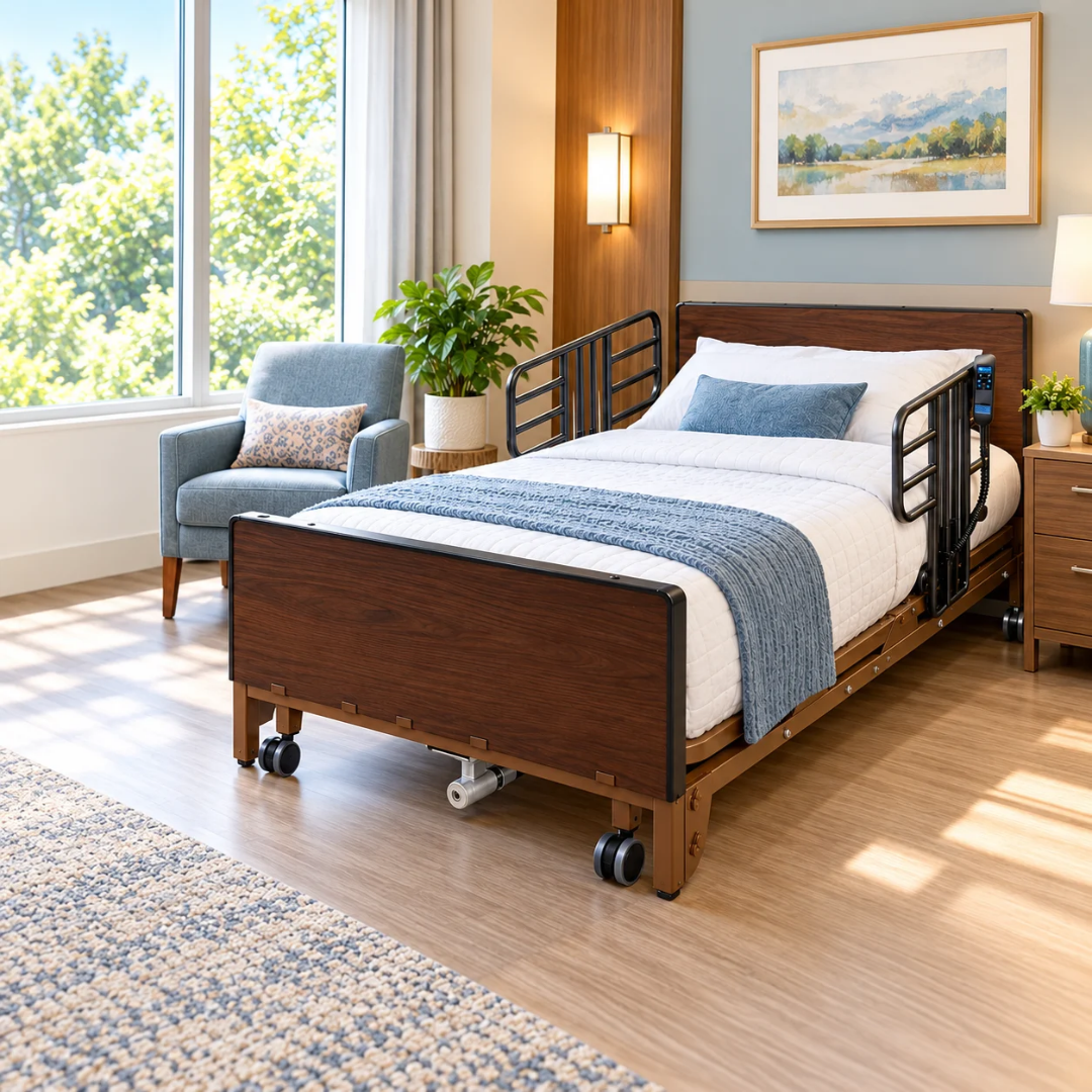 Drive Delta® Ultra-Light 1000 Bariatric Full-Electric Low Bed with a dark wood headboard and footboard, adjustable black side rails, and white bedding in a bedroom.