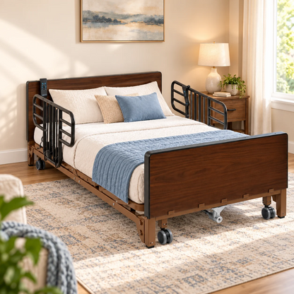 Drive Delta® Ultra-Light 1000 Bariatric Full-Electric Low Bed featuring a dark wood headboard and footboard, adjustable side rails, and a handheld remote control.