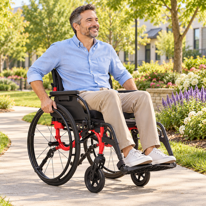 A smiling man in a light blue shirt and beige pants uses the Drive Nitro Cruise Wheelchairs | Ultralight & Portable along a flower-lined garden path on a sunny day.