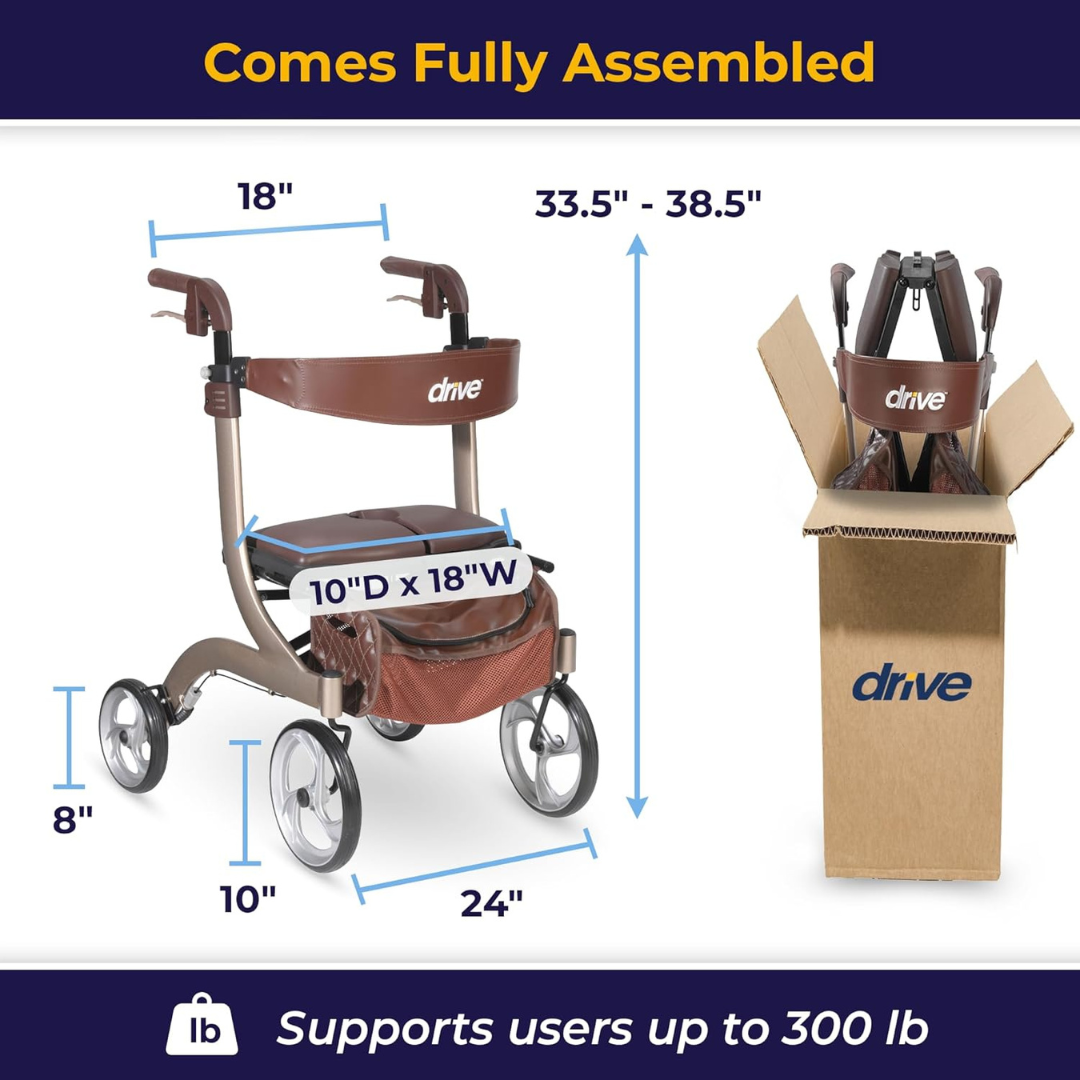 The Drive Nitro® DLX Rollator, in brown and silver, is shown fully assembled with labeled dimensions beside its box and folded form. Text notes a 300 lb weight capacity and that it comes fully assembled for convenient mobility.