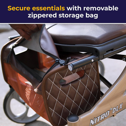 A close-up shows someone unzipping the quilted, removable storage bag on the Drive Nitro® DLX Rollator. Text above: Secure essentials with a detachable zippered bag on your mobility device.