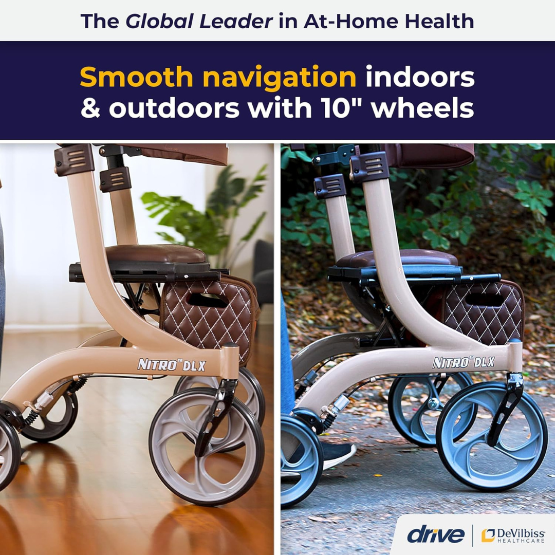 Two images display the beige Drive Nitro® DLX Rollator, featuring large 10-inch wheels for smooth indoor and outdoor use. Text highlights at-home health and positions Drive DeVilbiss as a trusted mobility brand.