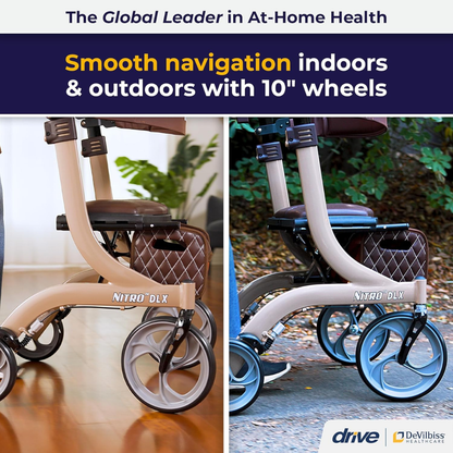 Two images display the beige Drive Nitro® DLX Rollator, featuring large 10-inch wheels for smooth indoor and outdoor use. Text highlights at-home health and positions Drive DeVilbiss as a trusted mobility brand.