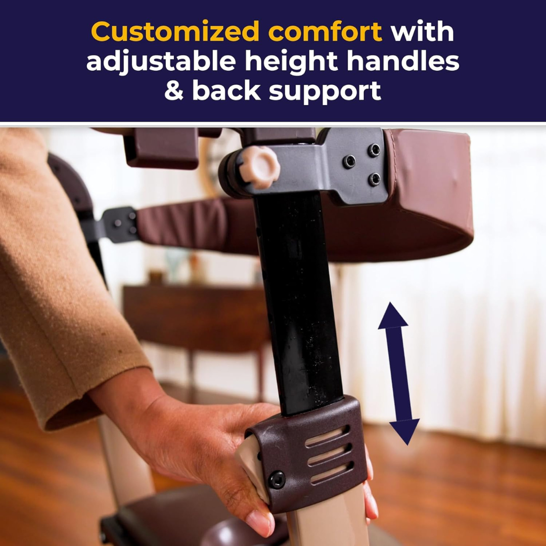 A person adjusts the handle height on a Drive Nitro® DLX Rollator, with “Customized comfort with adjustable height handles & back support” above and a double arrow highlighting this rollator’s adjustable feature.