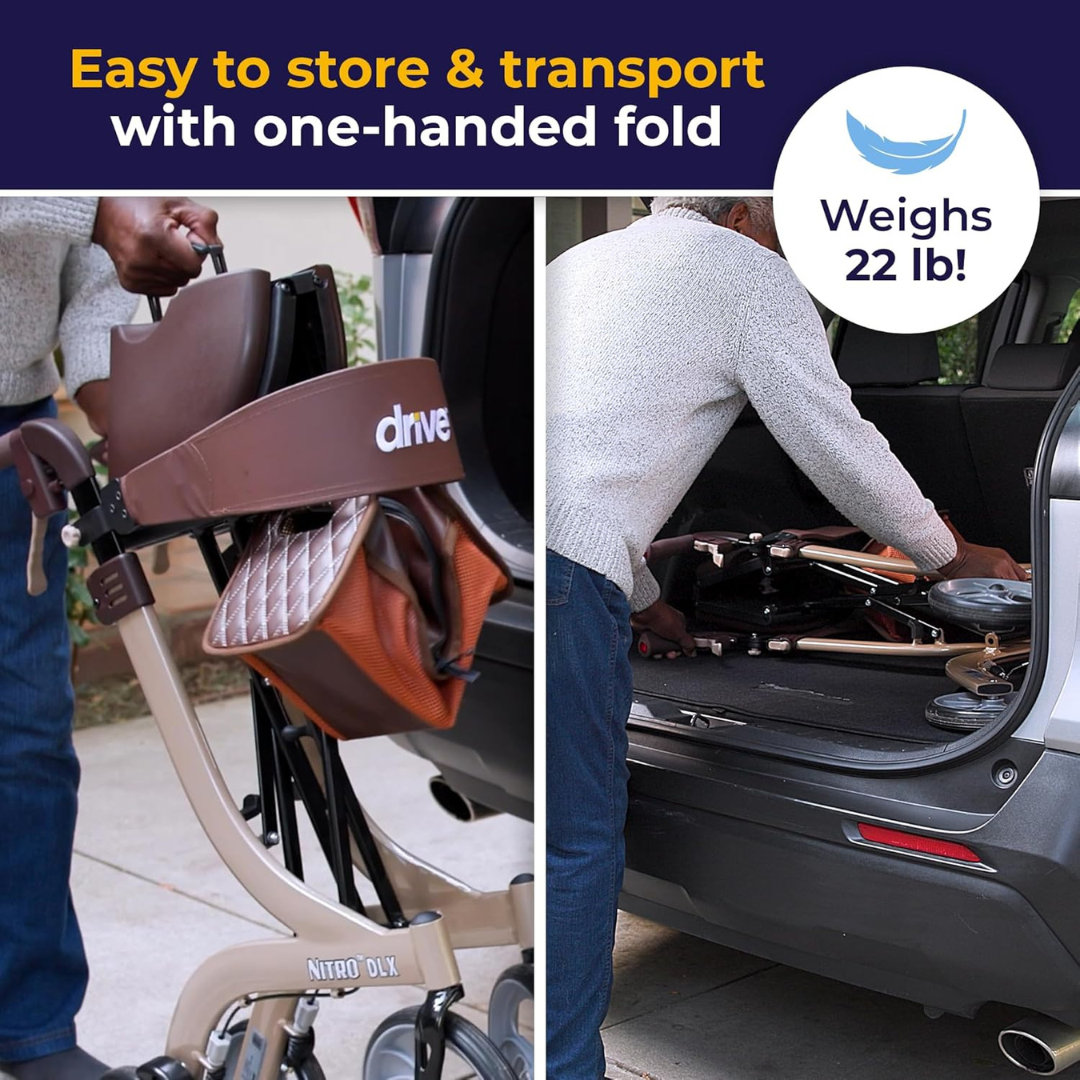 A person folds a Drive Nitro® DLX Rollator with one hand and places it in a car trunk. Text overlay: Easy to store & transport with one-handed fold. Weighs 22 lb! A smart mobility solution.