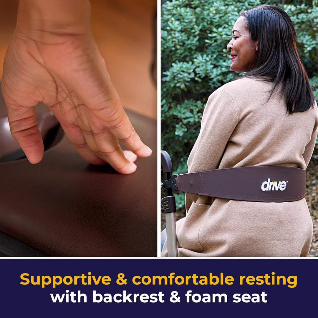 A close-up of a hand pressing into the foam seat and a woman sitting on the Drive Nitro® DLX Rollator with backrest; text below: Supportive, comfortable resting with backrest & foam seat.