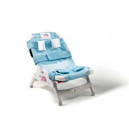 A Drive Otter Bathing System - Waterproof Reclining Chair, blue and white, designed for children with special needs with adjustable straps and padding for safe bathing, shown on a white background.