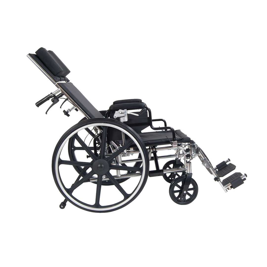 The Drive Viper Plus Reclining Wheelchair offers a 180° recline and adjustable seat depth, shown in black from a side view against a white background with elevated leg supports and an adjustable backrest.