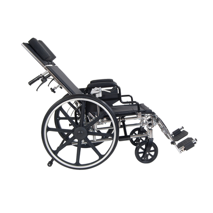 The Drive Viper Plus Reclining Wheelchair offers a 180° recline and adjustable seat depth, shown in black from a side view against a white background with elevated leg supports and an adjustable backrest.