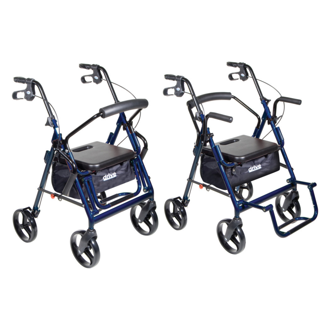 Two blue Drive Hybrid Duet Rollator/Transport Chairs with black seats and handles; one has footrests extended for transport chair use, the other folded up. Both have baskets under the seats and four wheels.