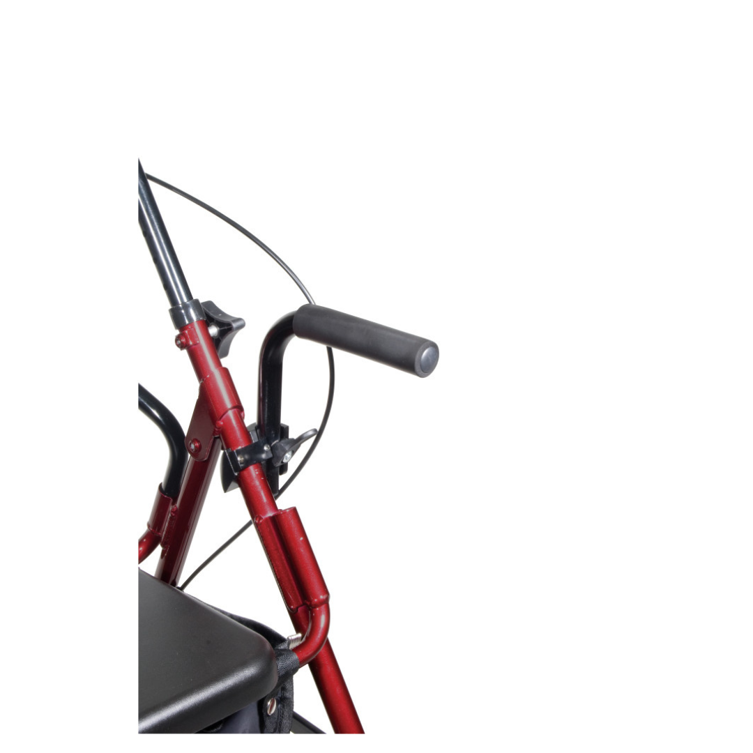 Close-up of the handlebar and frame of the red Drive Hybrid Duet Rollator/Transport Chair, showing the seat, brake cable, and flip-up armrests against a white background.