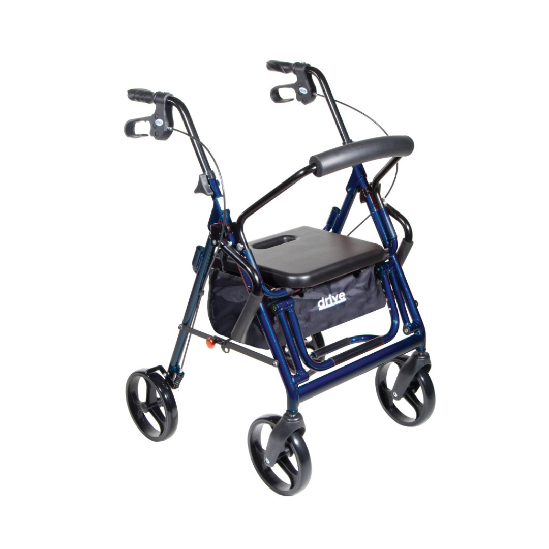 The Drive Hybrid Duet Rollator/Transport Chair is a blue 2-in-1 mobility aid with four wheels, a built-in seat, backrest, hand brakes, storage pouch underneath, and folds for convenience. Shown on a white background.