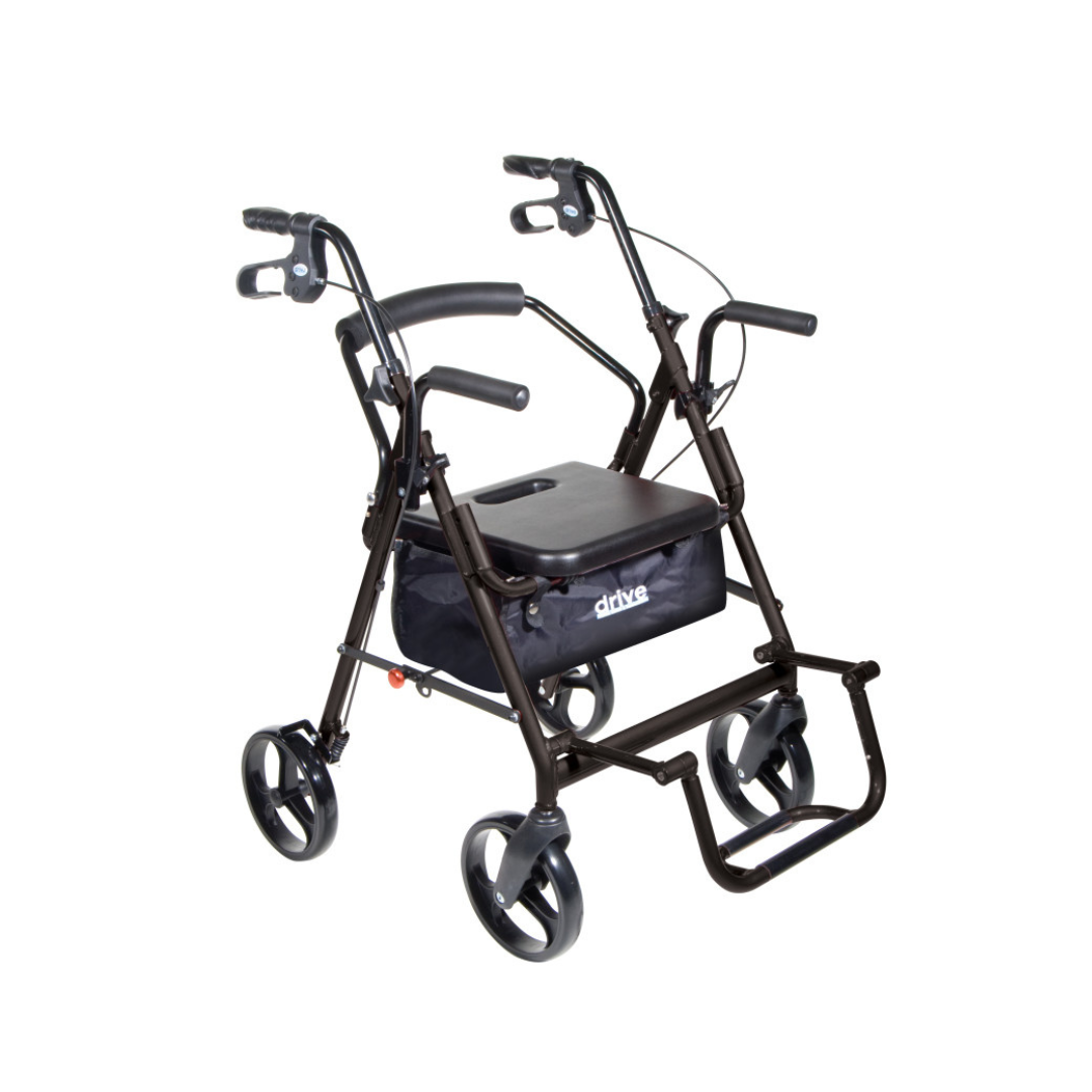The Drive Hybrid Duet Rollator/Transport Chair is a black 4-wheeled 2-in-1 mobility aid with a seat, hand brakes, flip-up armrests, footrests, and an underseat storage pouch for versatile support.