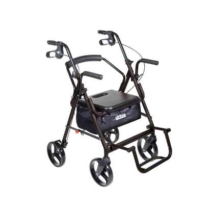 The Drive Hybrid Duet Rollator/Transport Chair is a black 4-wheeled 2-in-1 mobility aid with a seat, hand brakes, flip-up armrests, footrests, and an underseat storage pouch for versatile support.